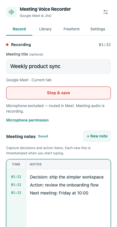 Recording workspace with an editable meeting title, recording controls, and timestamped meeting notes